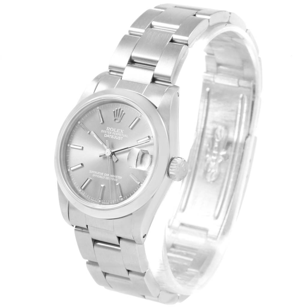The image shows a front-angle view of a Rolex Mid-Size 68240 Women's Stainless Steel Grey Dial 68240 Women's Stainless Steel Grey Dial Datejust watch, highlighting the dial, case, crown, and bracelet.