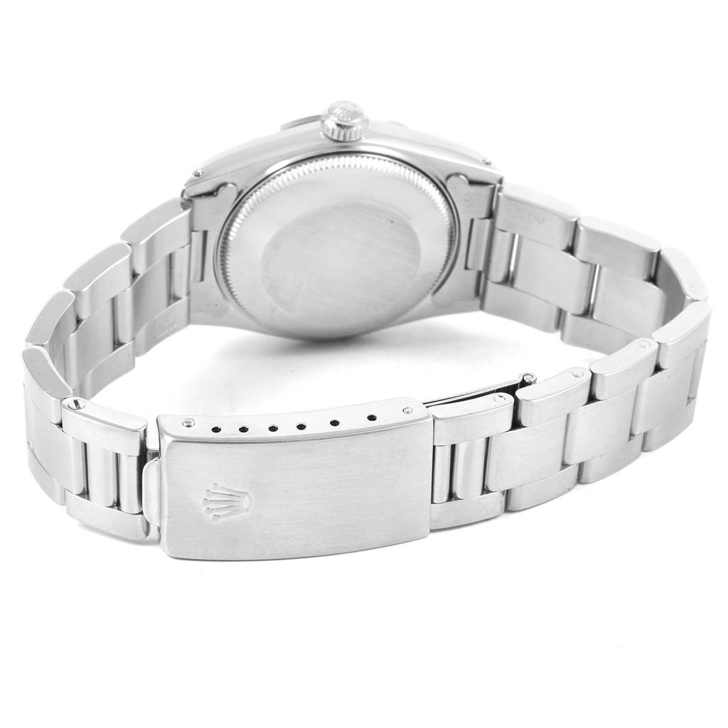 This image showcases the back view and bracelet, including the clasp, of a Rolex Mid-Size 68240 Women's Stainless Steel Grey Dial 68240 Women's Stainless Steel Grey Dial watch.