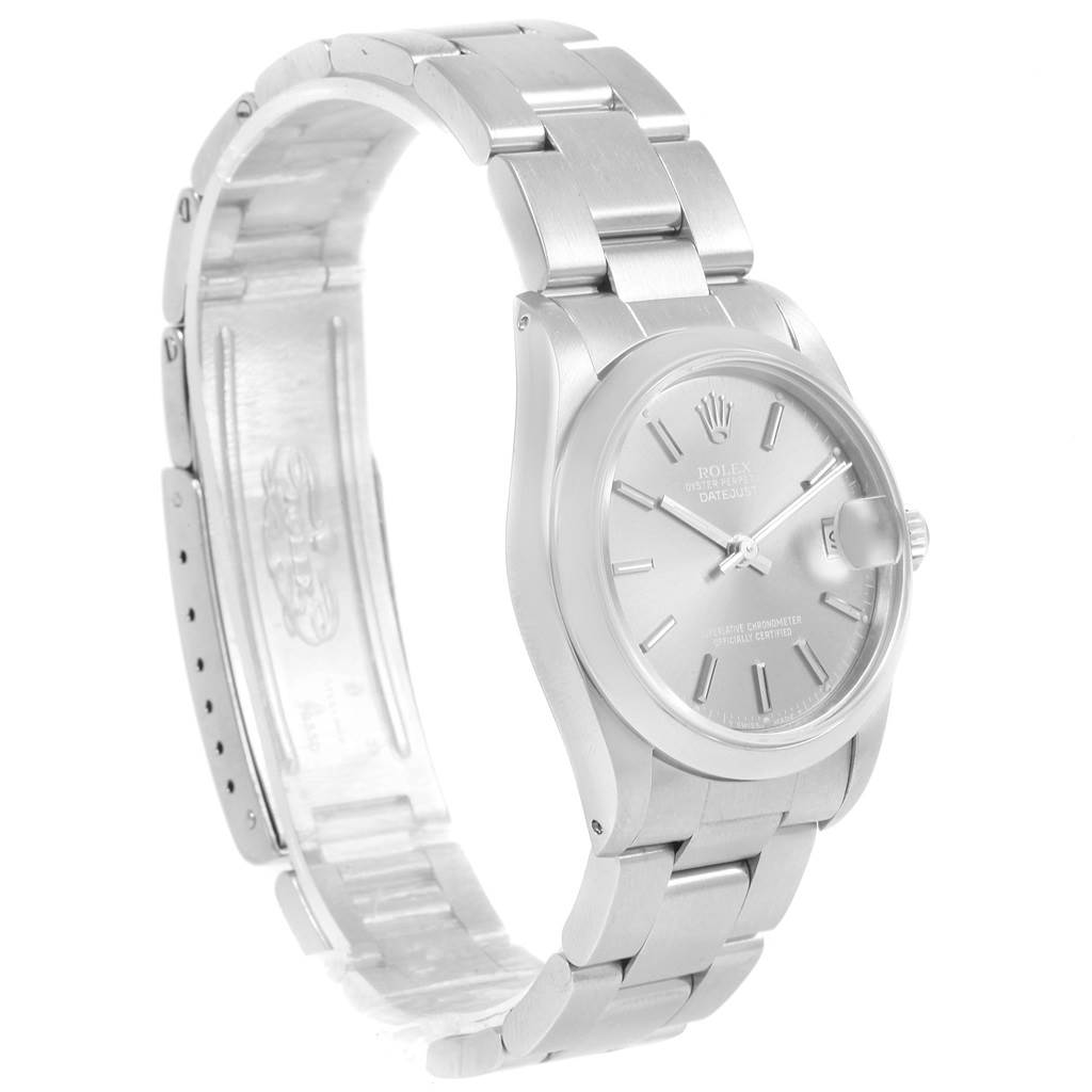 This image shows a Rolex Mid-Size 68240 Women's Stainless Steel Grey Dial 68240 Women's Stainless Steel Grey Dial model watch at a three-quarter angle, highlighting the bracelet, case, and watch face.