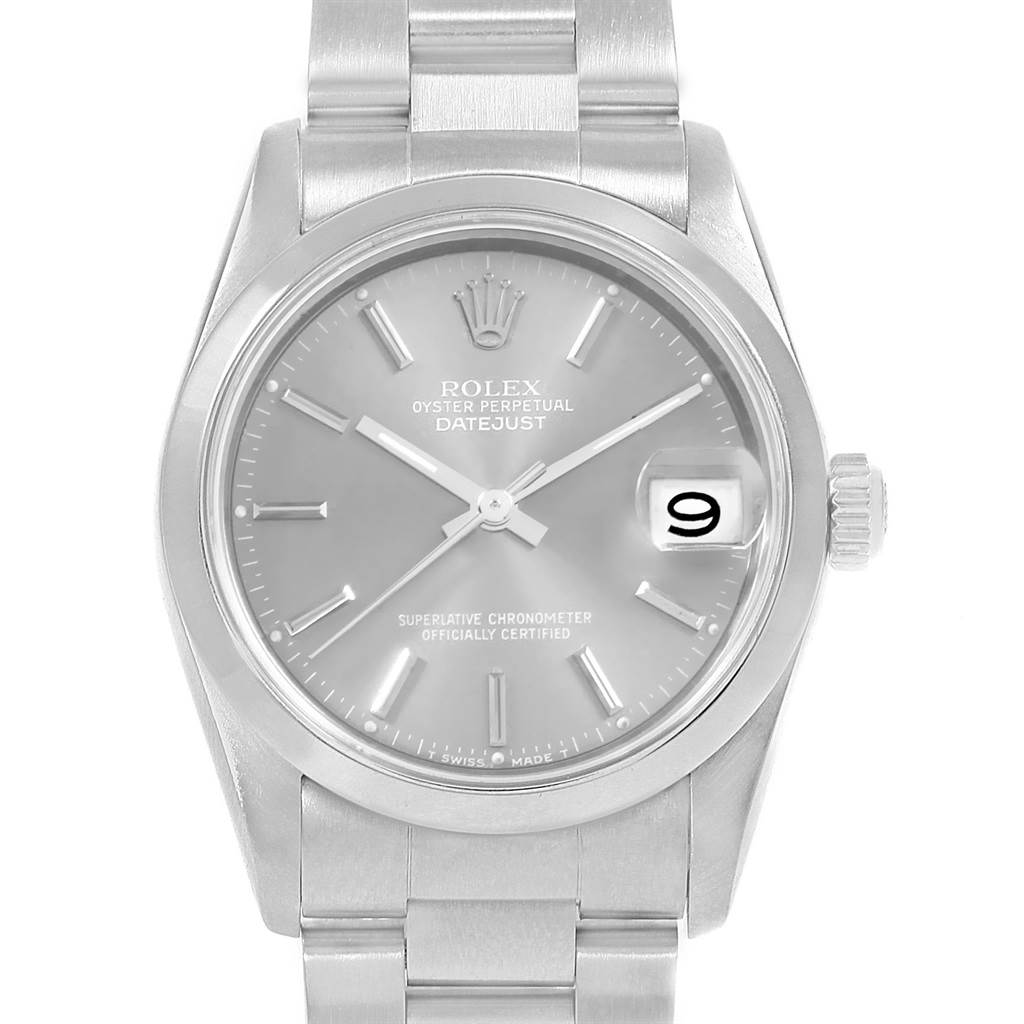 The Rolex Mid-Size 68240 Women's Stainless Steel Grey Dial 68240 Women's Stainless Steel Grey Dial Datejust watch is shown from a front angle, highlighting the dial, bezel, hands, crown, and bracelet.