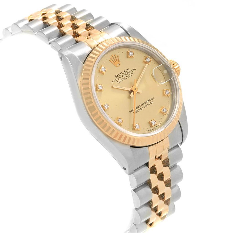 The Rolex Mid-Size Datejust watch is shown at an angle displaying the dial, fluted bezel, and two-tone bracelet.