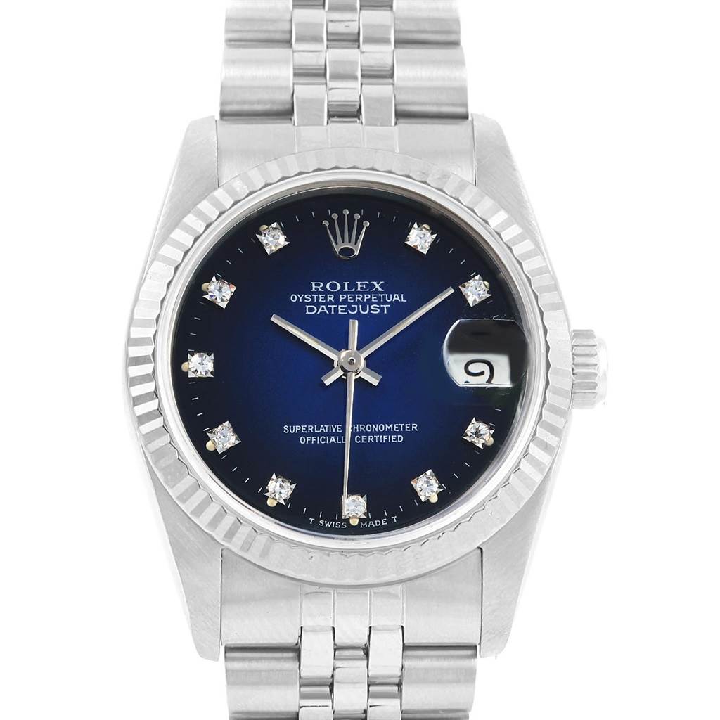 This image shows a front view of a Rolex Mid-Size 68274 Women's Stainless Steel Blue Dial 68274 Women's Stainless Steel Blue Dial Datejust watch with a blue dial and diamond hour markers.