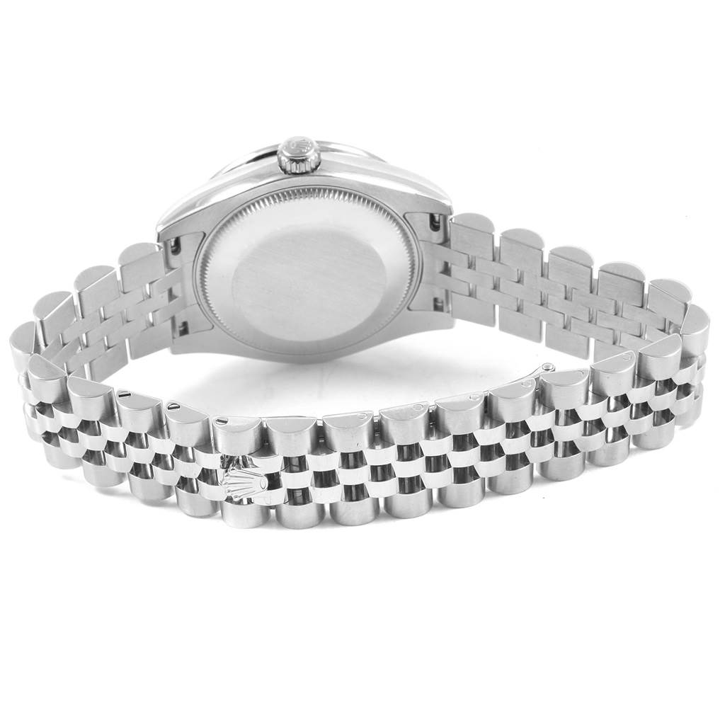 This is the back view of the Rolex Mid-Size 178384 Women's Stainless Steel Silver Dial 178384 Women's Stainless Steel Silver Dial model showing the case back and the metal bracelet.