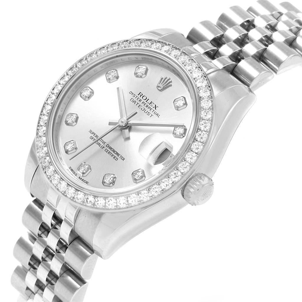The image shows a top-angled view of a Rolex Mid-Size 178384 Women's Stainless Steel Silver Dial 178384 Women's Stainless Steel Silver Dial Oyster Perpetual Datejust watch, highlighting the dial, bezel, and part of the bracelet.