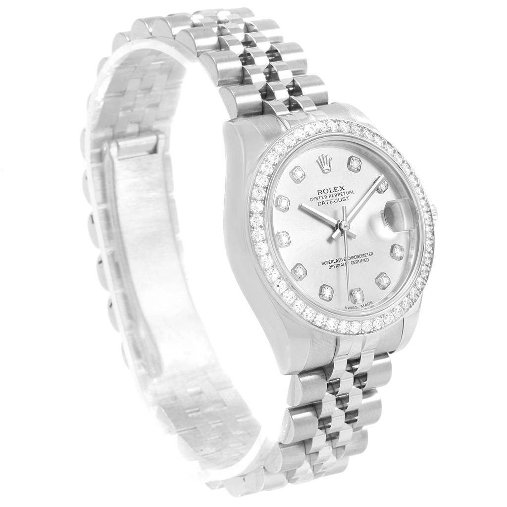 This Rolex Mid-Size 178384 Women's Stainless Steel Silver Dial 178384 Women's Stainless Steel Silver Dial Datejust watch is shown at an angled front view, highlighting its face, bezel, and part of the bracelet.