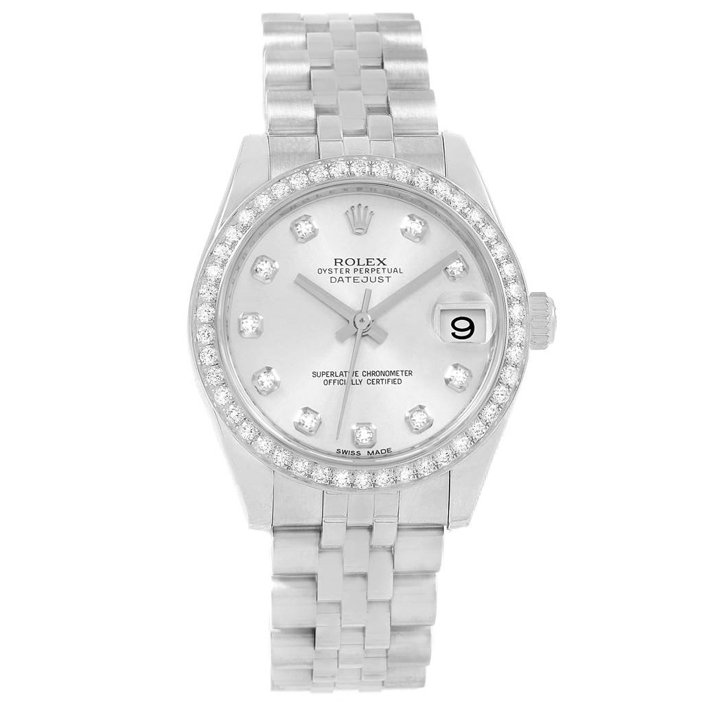 This is a front view of a Rolex Mid-Size 178384 Women's Stainless Steel Silver Dial 178384 Women's Stainless Steel Silver Dial Oyster Perpetual Datejust watch, displaying the dial, bezel, crown, and bracelet.