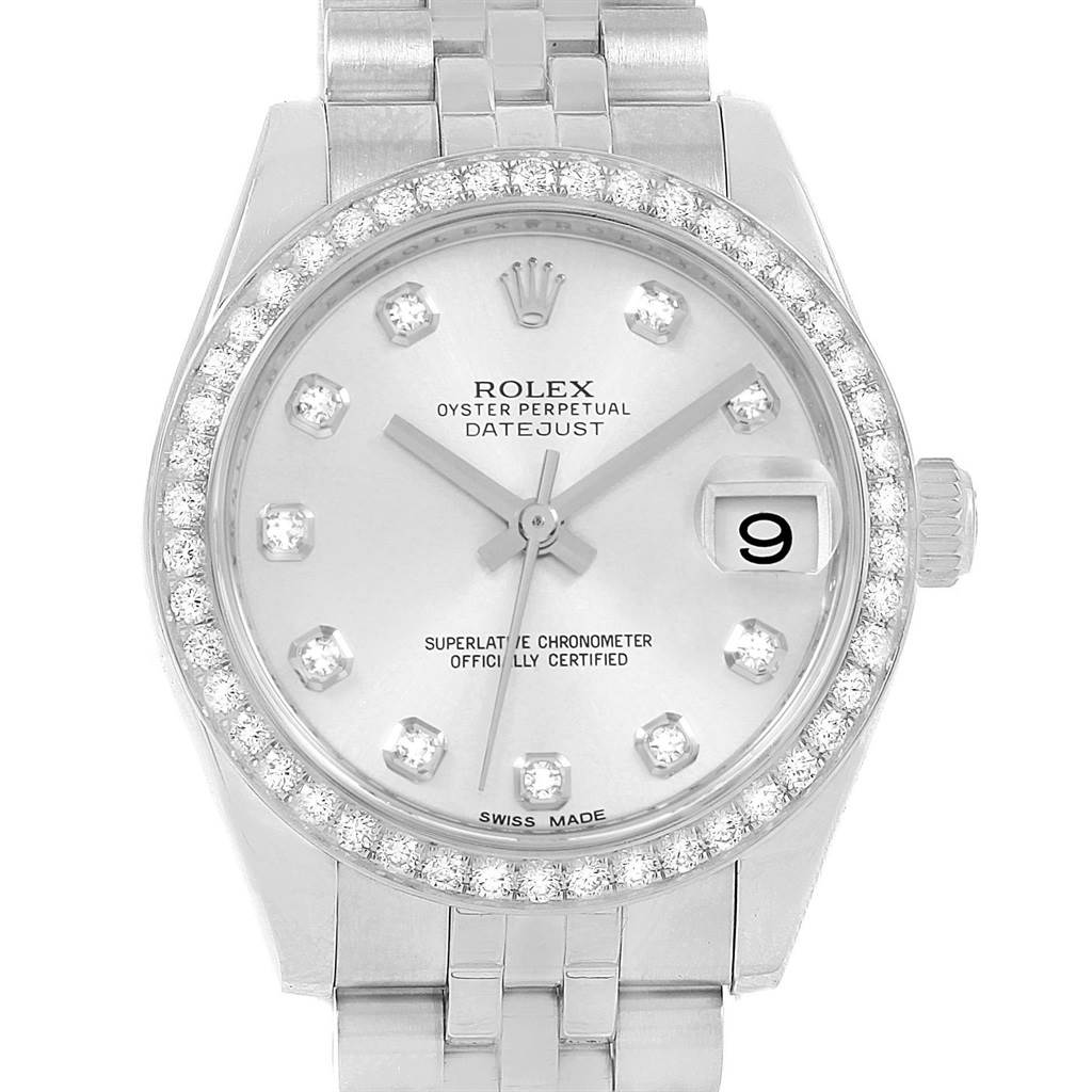 The image shows a frontal view of a Rolex Mid-Size 178384 Women's Stainless Steel Silver Dial 178384 Women's Stainless Steel Silver Dial Datejust watch, highlighting its diamond bezel and dial.