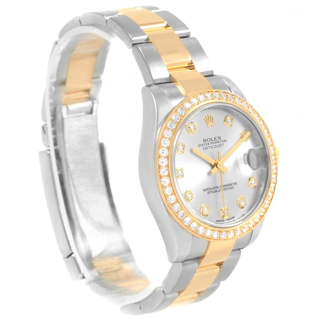This image shows a side angle of a Rolex Mid-Size 178383 Women's Steel and Gold (two tone) Silver Dial 178383 Women's Steel and Gold (two tone) Silver Dial Datejust watch, highlighting its two-tone band and diamond-encrusted bezel.
