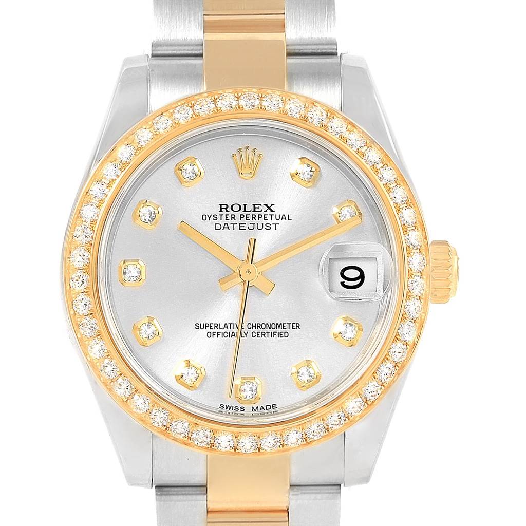 The image shows a front view of the Rolex Mid-Size 178383 Women's Steel and Gold (two tone) Silver Dial 178383 Women's Steel and Gold (two tone) Silver Dial Datejust watch, highlighting the dial, hands, crown, and part of the bracelet.