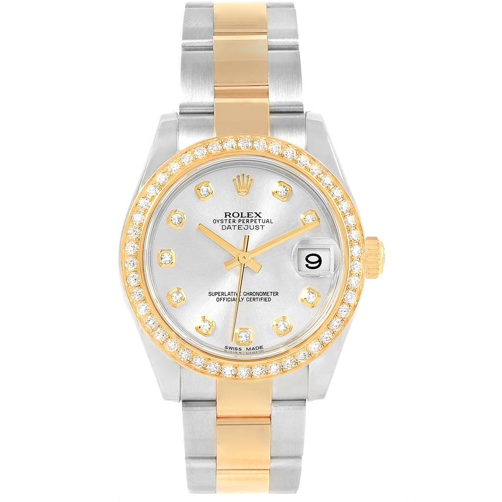 This image shows the front view of the Rolex Datejust Mid-Size watch, displaying its bezel, dial, and bracelet.