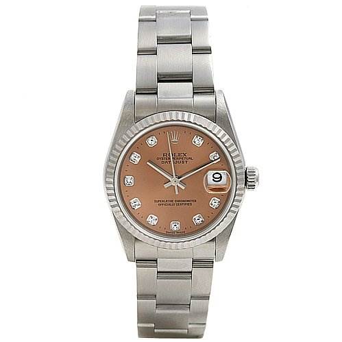 This image shows a front view of the Rolex Mid-Size 78274 Women's Stainless Steel Pink Dial 78274 Women's Stainless Steel Pink Dial model, including the dial, bezel, case, bracelet, and date window.
