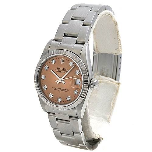 This image shows a Rolex Mid-Size 78274 Women's Stainless Steel Pink Dial 78274 Women's Stainless Steel Pink Dial model watch from a front angle, highlighting its face, bezel, bracelet, and clasp.