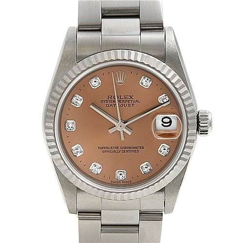 This image shows a front view of a Rolex Mid-Size 78274 Women's Stainless Steel Pink Dial 78274 Women's Stainless Steel Pink Dial Oyster Perpetual Datejust watch, highlighting the dial, markers, bezel, and bracelet.