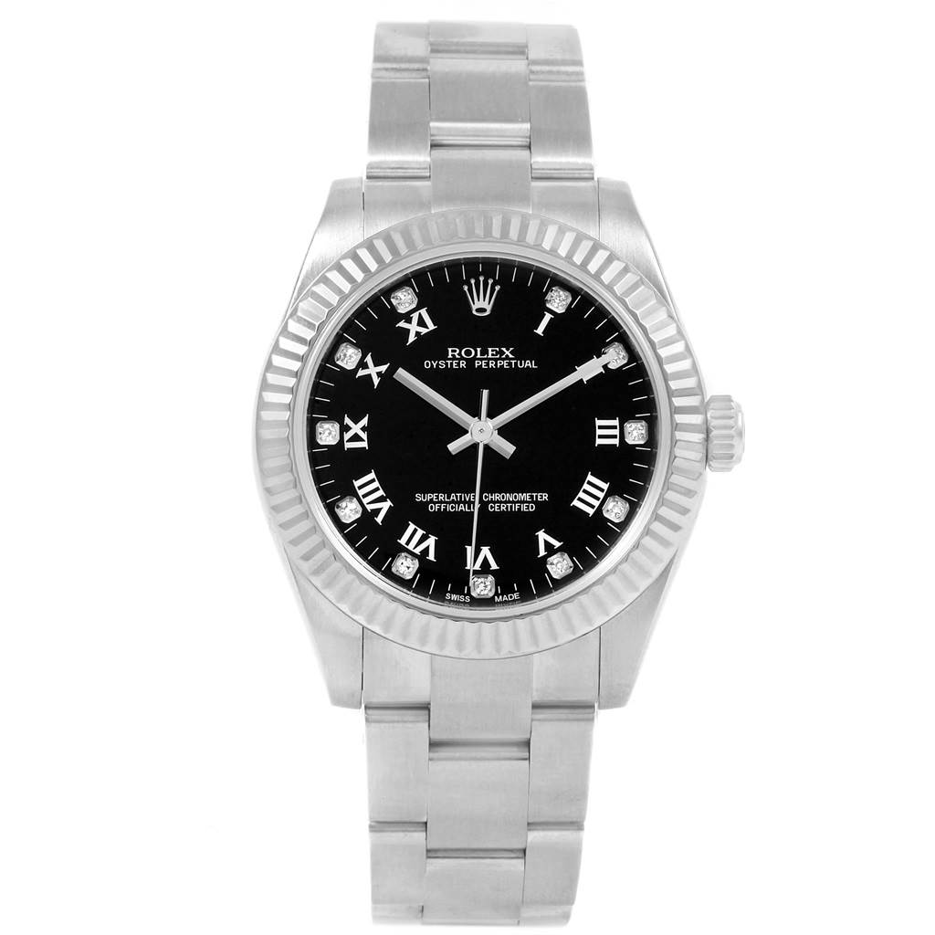 The image shows a front view of a Rolex Mid-Size 177234 Women's Stainless Steel Black Dial 177234 Women's Stainless Steel Black Dial Oyster Perpetual watch with a black dial and stainless steel bracelet.