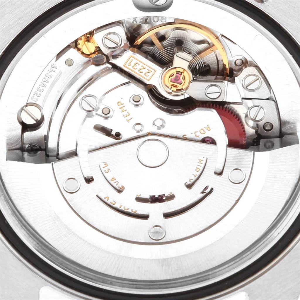 The image shows the detailed internal mechanism of a Rolex Mid-Size 177234 Women's Stainless Steel Black Dial 177234 Women's Stainless Steel Black Dial model watch from the back view.