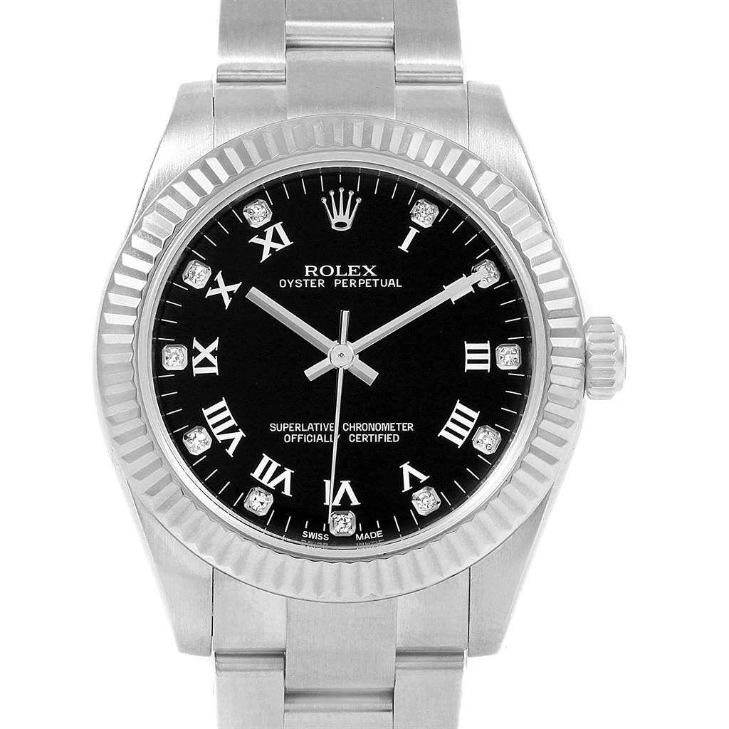 This image shows a frontal view of a Rolex Oyster Perpetual Mid-Size watch, highlighting the dial, bezel, bracelet, and crown.