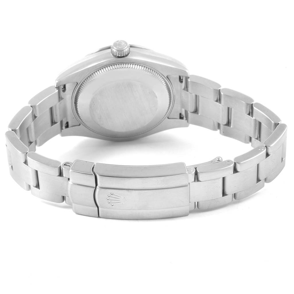 The image shows the back view of a Rolex Mid-Size 177234 Women's Stainless Steel Black Dial 177234 Women's Stainless Steel Black Dial model watch, emphasizing the case back and bracelet with clasp.