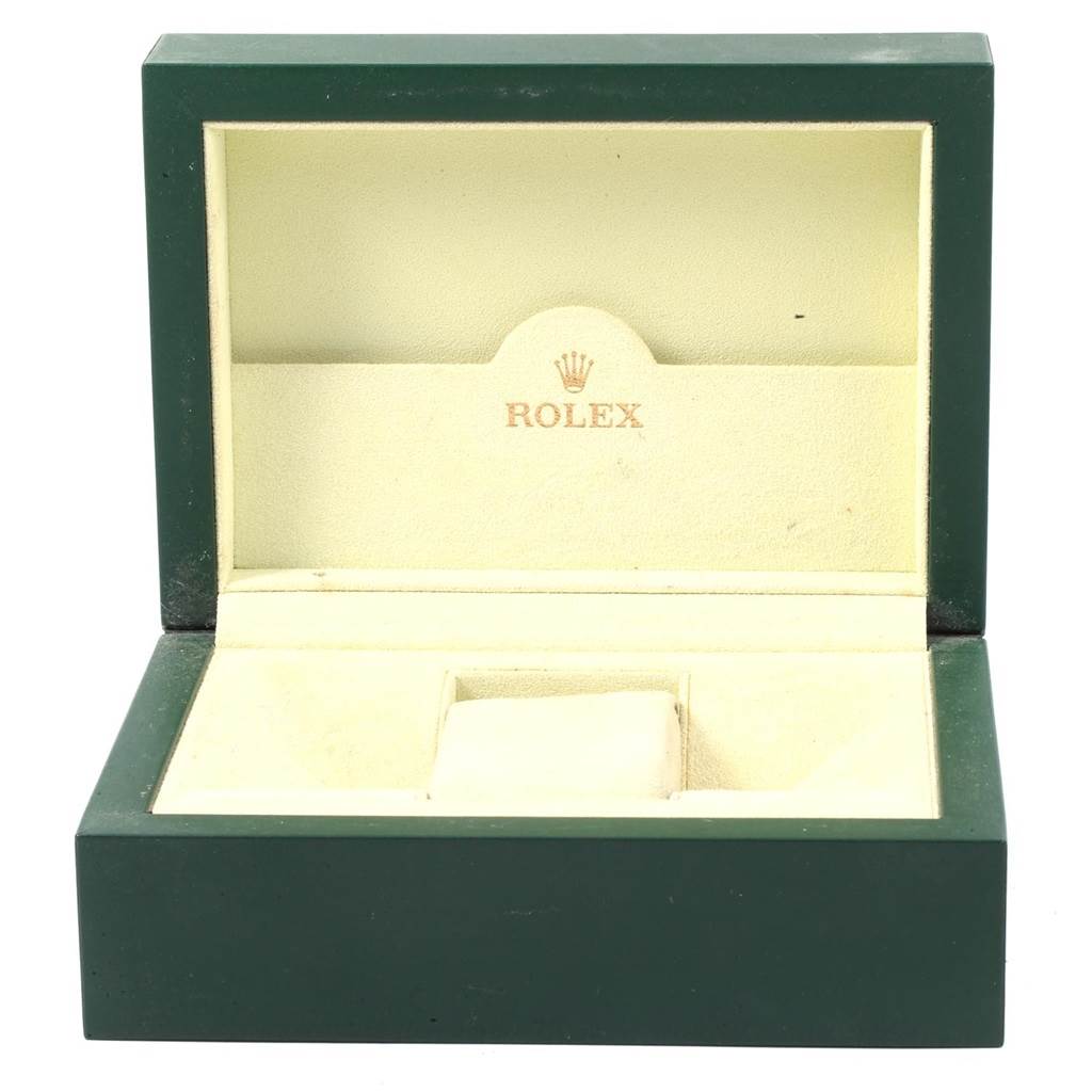 This image shows an open Rolex watch box for a Mid-Size model, displaying the logo inside the lid and the cushion for the watch.
