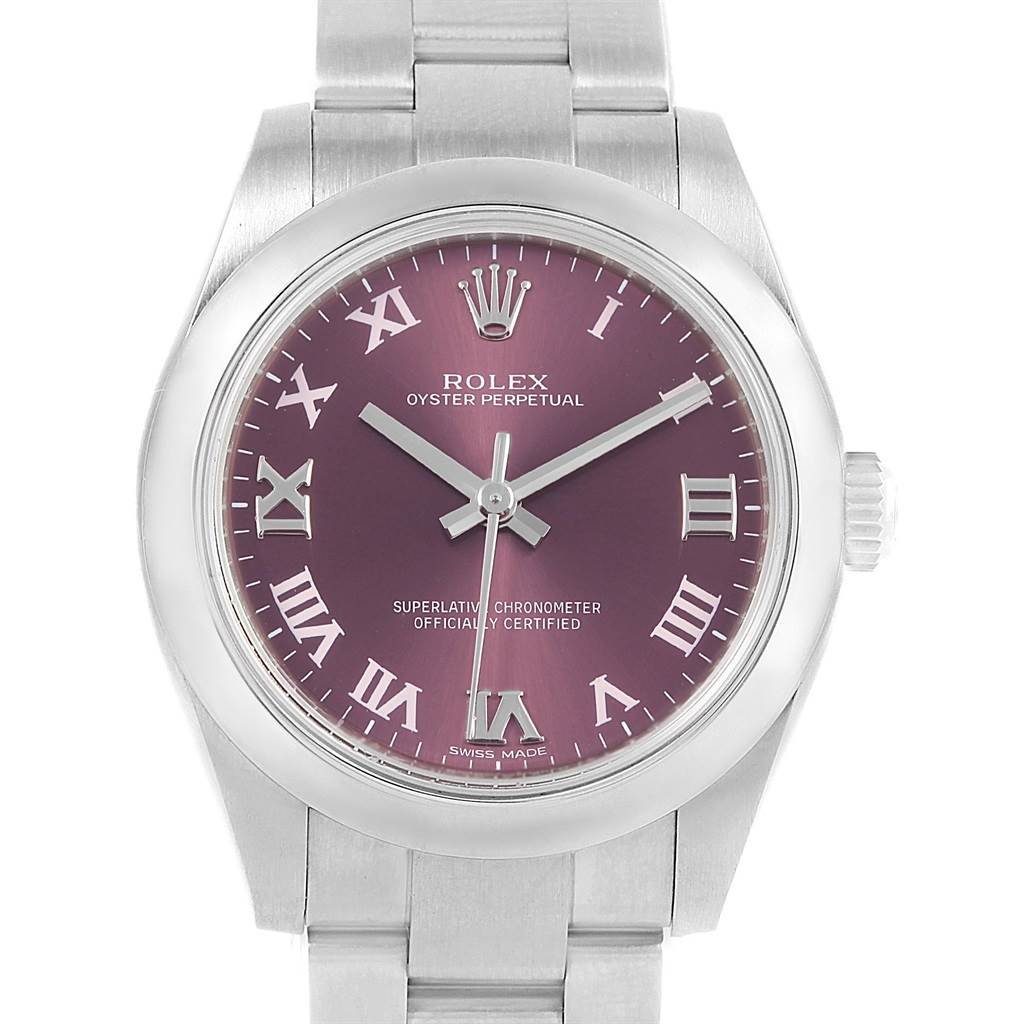 The image shows a front view of a Rolex Oyster Perpetual Mid-Size watch, displaying the dial, hands, bezel, crown, and top part of the bracelet.