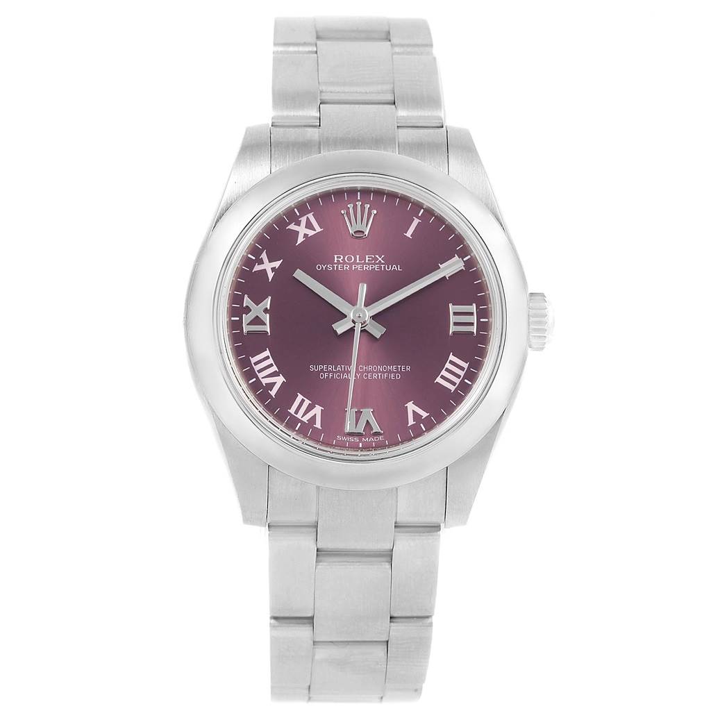 The image shows a frontal view of the Rolex Oyster Perpetual Mid-Size watch, displaying its face, bezel, and bracelet.