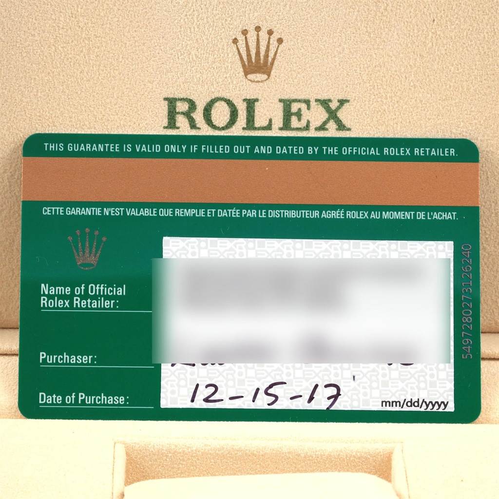 The image shows a warranty card of a Mid-Size Rolex watch, including brand logos and purchase details.
