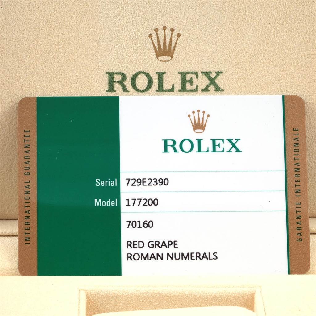 The image shows the warranty card for a Mid-Size Rolex model 177200 with Red Grape Roman numerals.