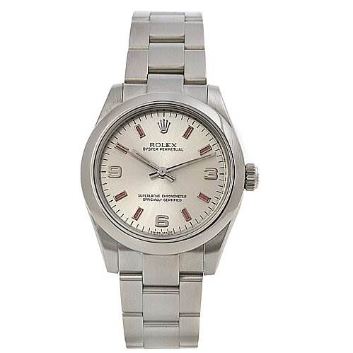 The image shows a front view of a Rolex Oyster Perpetual Mid-Size watch, displaying its dial, case, and bracelet.