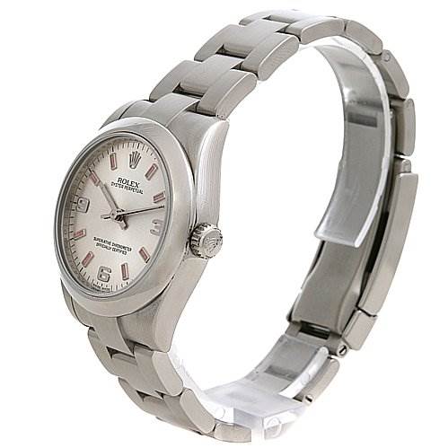 The image shows a Rolex Mid-Size 177200 Women's Stainless Steel Silver Dial 177200 Women's Stainless Steel Silver Dial model watch at an angle, displaying the dial, bezel, crown, and bracelet.