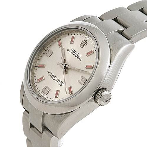 This image shows a Rolex Mid-Size 177200 Women's Stainless Steel Silver Dial 177200 Women's Stainless Steel Silver Dial model watch from a slightly tilted angle, displaying the dial, case, and part of the bracelet.