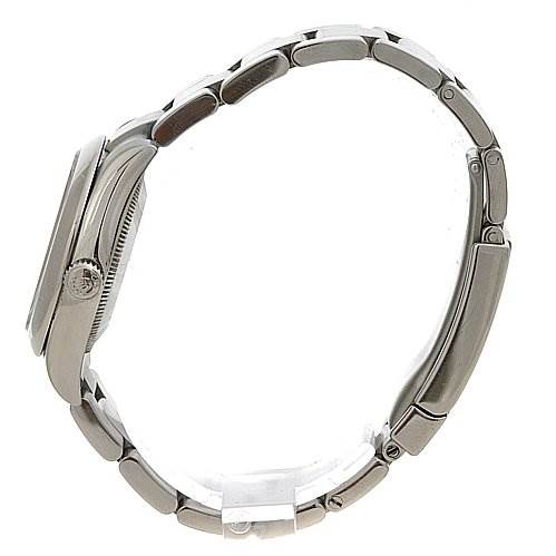 The image shows a side view of the Rolex Mid-Size 177200 Women's Stainless Steel Silver Dial 177200 Women's Stainless Steel Silver Dial model, highlighting the case, crown, and metal bracelet.