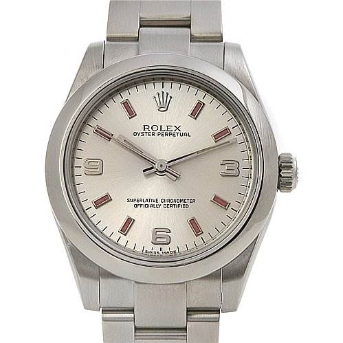 This image shows a front view of a Rolex Oyster Perpetual Mid-Size watch, displaying the dial, hands, crown, and bracelet.