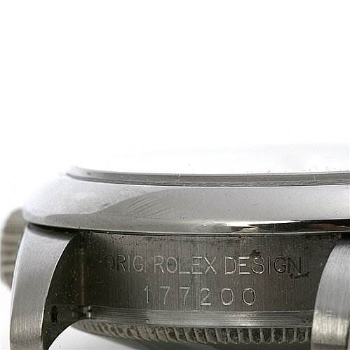 The image shows a close-up side angle of the case and bezel of a mid-size Rolex watch, highlighting its engraved model number 177200.