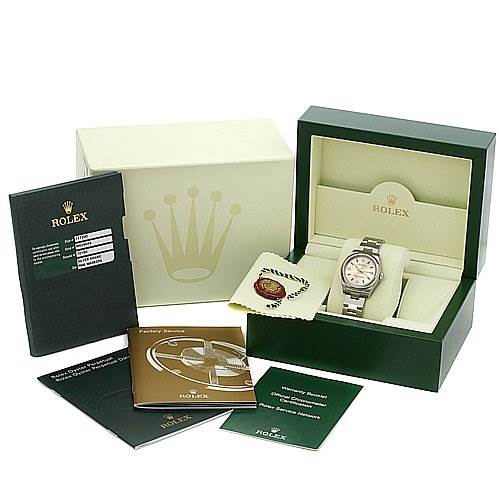 The image shows a Rolex Mid-Size 177200 Women's Stainless Steel Silver Dial 177200 Women's Stainless Steel Silver Dial watch in its box along with manuals, warranty card, and other accessories, at an angled view.