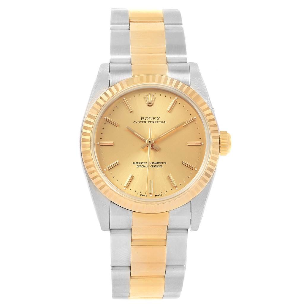 The image shows a front view of a Rolex Oyster Perpetual Mid-Size watch with a gold and silver two-tone bracelet.