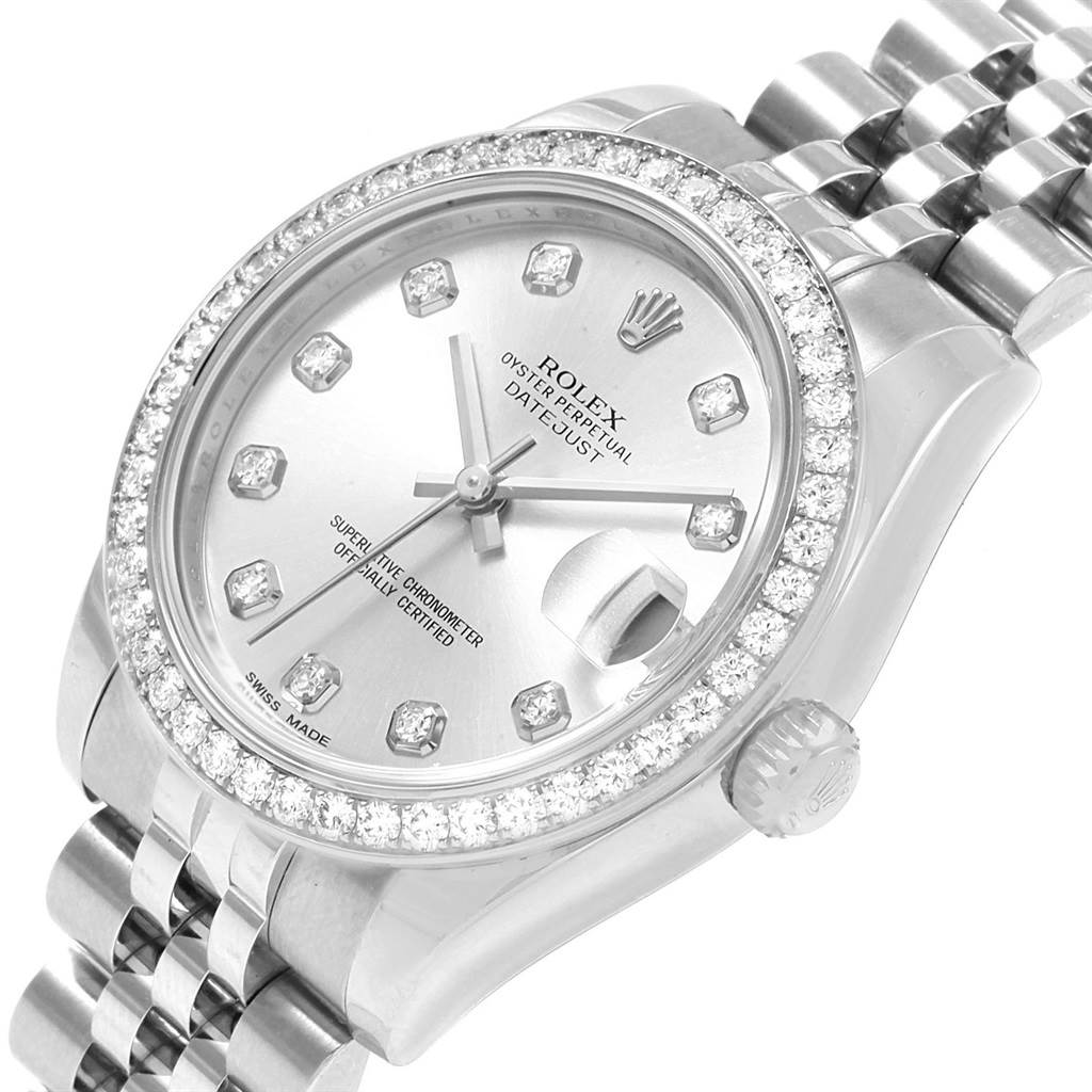 This Rolex Mid-Size 178384 Women's Stainless Steel Silver Dial 178384 Women's Stainless Steel Silver Dial Datejust watch is shown from an angled top view, displaying its dial, bezel, crown, and bracelet.