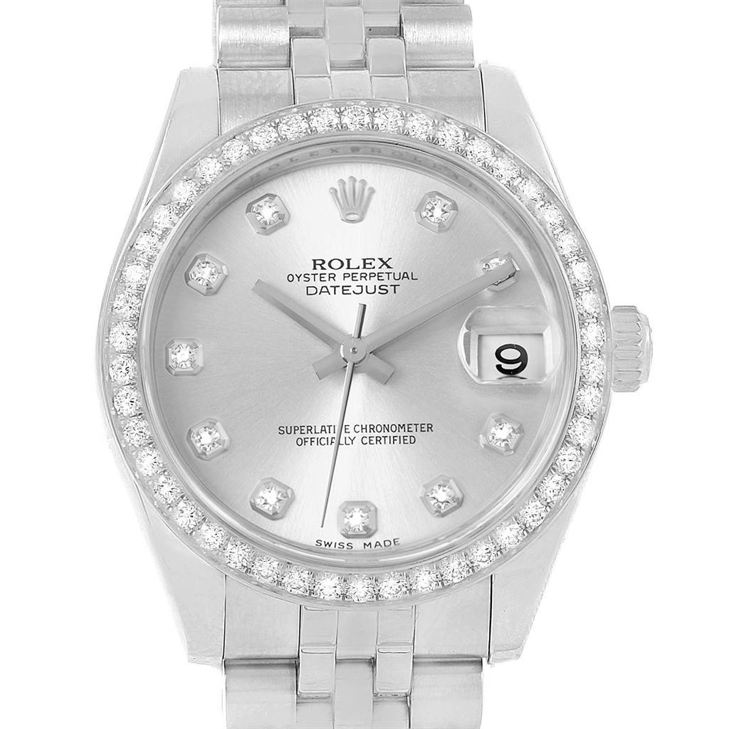 This image shows a frontal view of a Mid-Size Rolex Datejust watch, highlighting the dial, bezel, and part of the bracelet.
