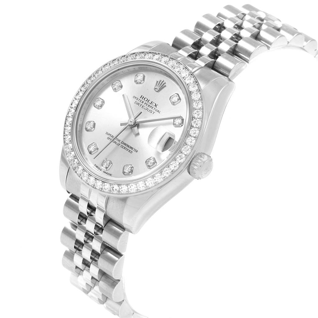 The image shows a frontal view of the Rolex Mid-Size 178384 Women's Stainless Steel Silver Dial 178384 Women's Stainless Steel Silver Dial watch, displaying the face, bezel, and part of the bracelet.