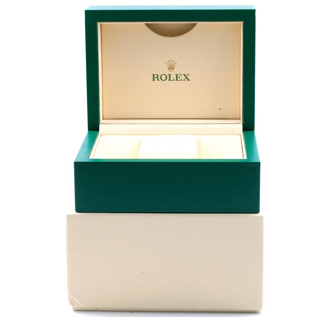 The image shows the open box of a Rolex Mid-Size 178384 Women's Stainless Steel Silver Dial 178384 Women's Stainless Steel Silver Dial model, revealing the interior storage compartments.