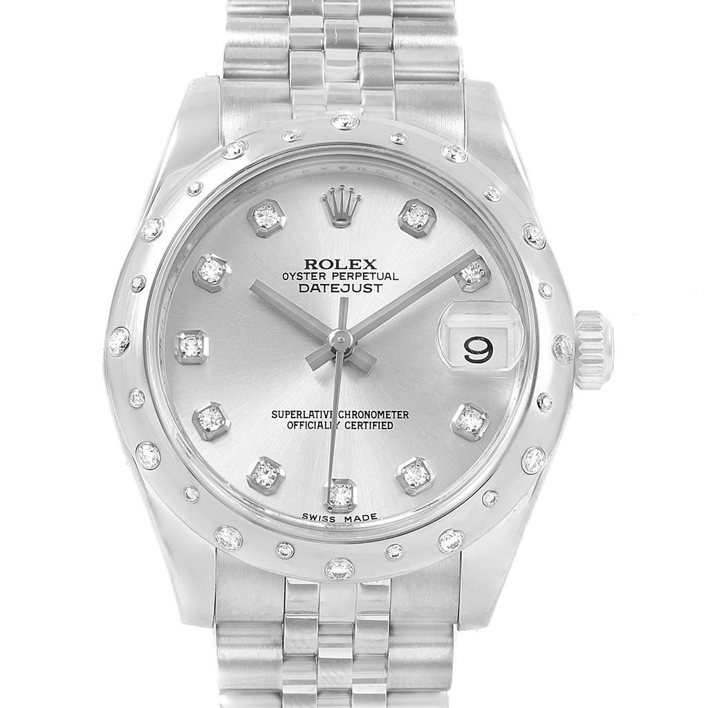 This image shows a frontal view of a Mid-Size Rolex Datejust watch, displaying its dial, bezel, crown, and bracelet.