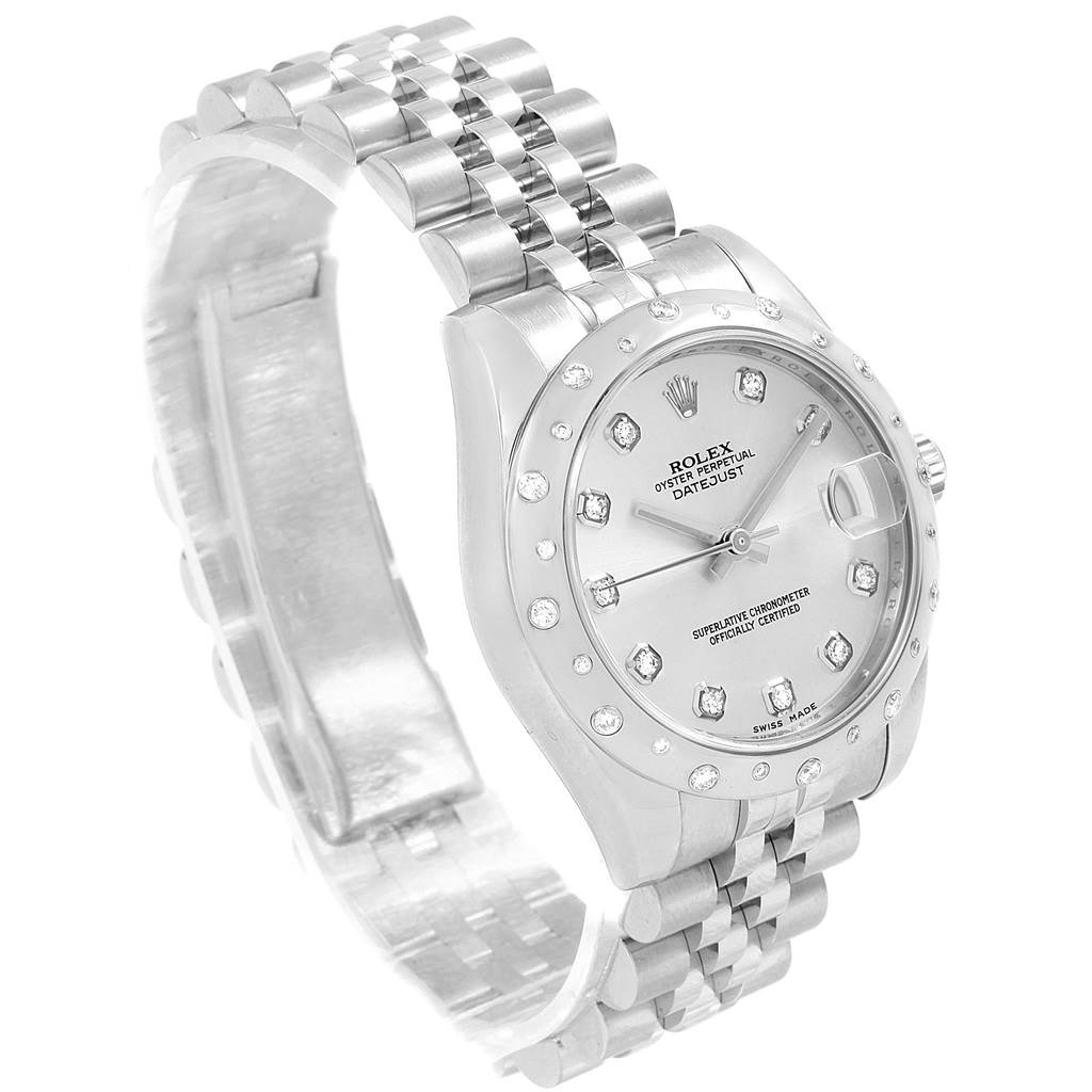 This Rolex Mid-Size 178344 Women's Stainless Steel Silver Dial 178344 Women's Stainless Steel Silver Dial model is shown at a slight angle, highlighting its face, bezel, crown, and bracelet.