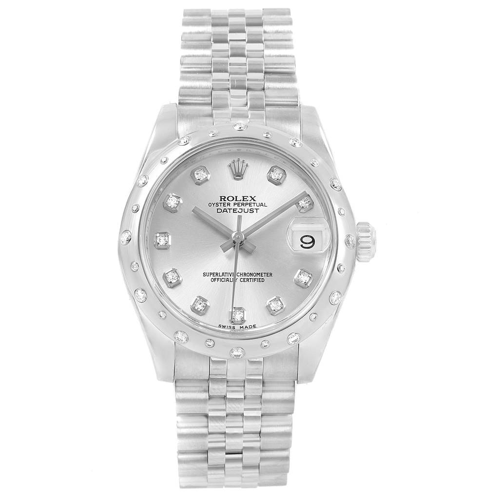 This image shows the front view of a Rolex Oyster Perpetual Datejust Mid-Size watch, highlighting its face and bracelet.