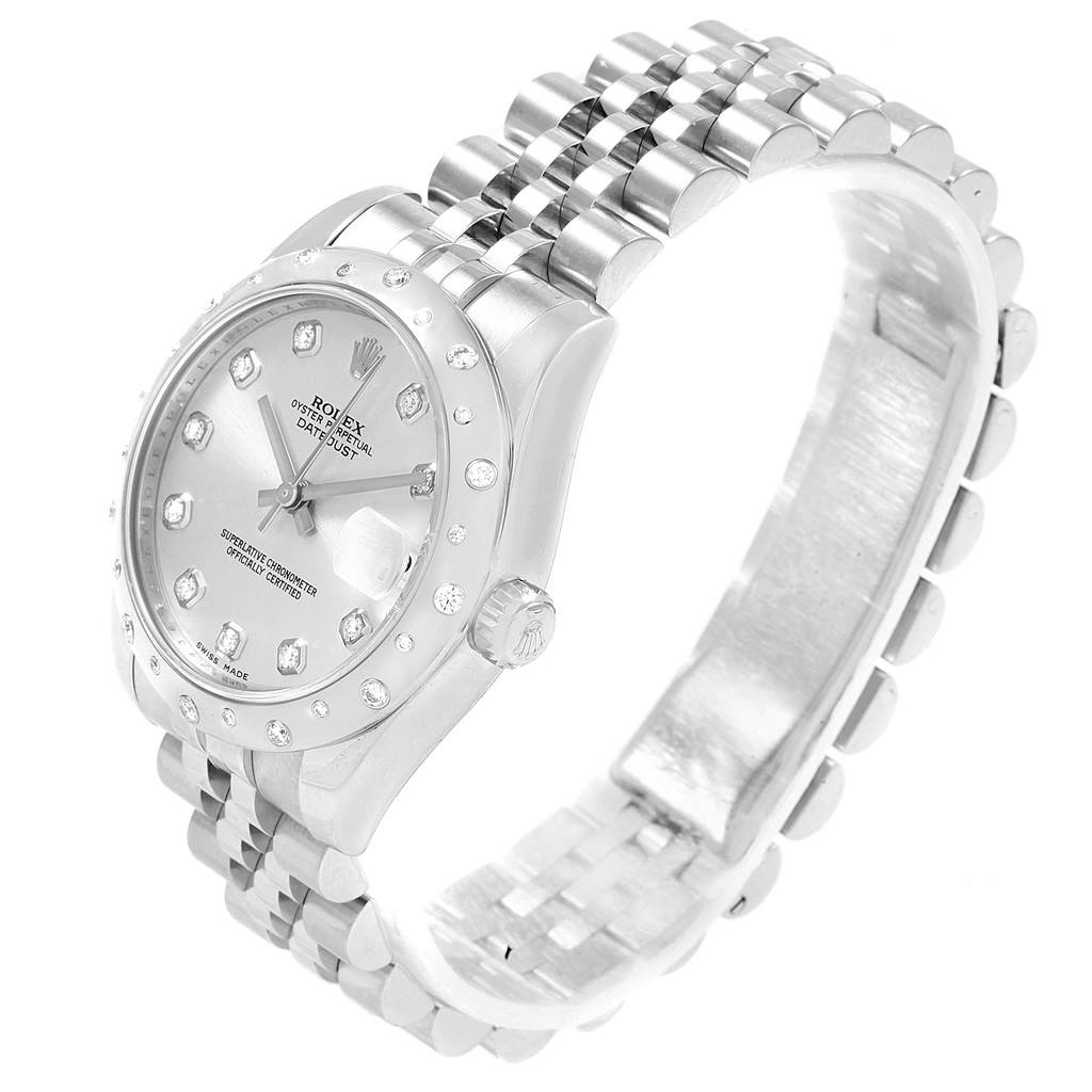 The Rolex Mid-Size 178344 Women's Stainless Steel Silver Dial 178344 Women's Stainless Steel Silver Dial model watch is shown from a three-quarter angle displaying the face, bezel, crown, and bracelet.
