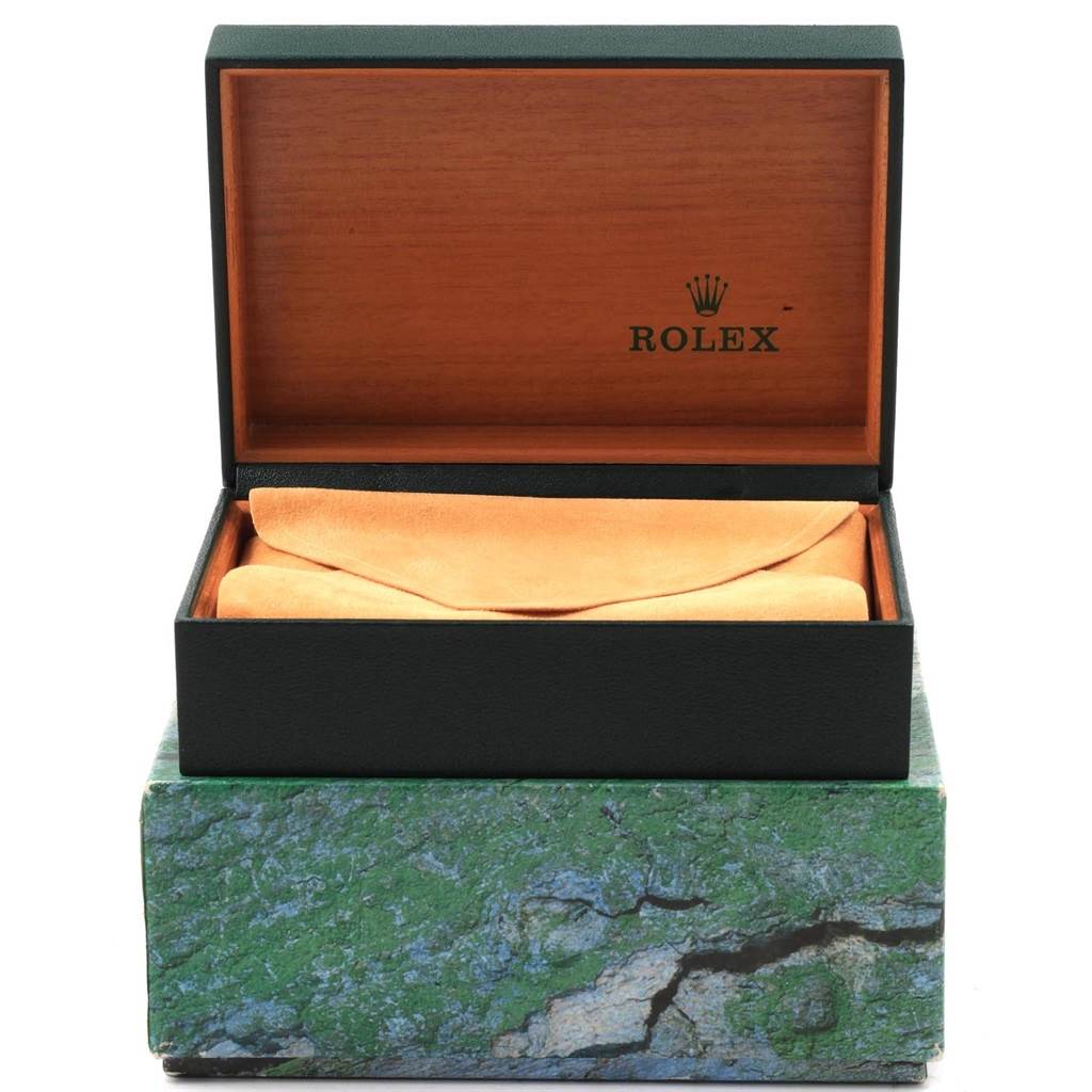 This image shows an open Rolex watch box for a Mid-Size model, displaying the logo inside the lid and lined with a tan fabric.
