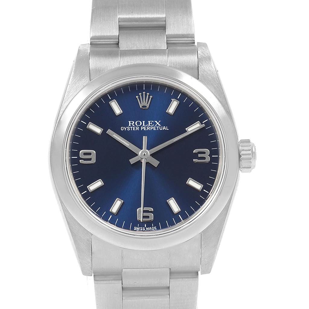 This image of a Rolex Mid-Size 77080 Women's Stainless Steel Blue Dial 77080 Women's Stainless Steel Blue Dial watch shows a frontal view, highlighting the blue dial, silver hour markers, and stainless steel bracelet.