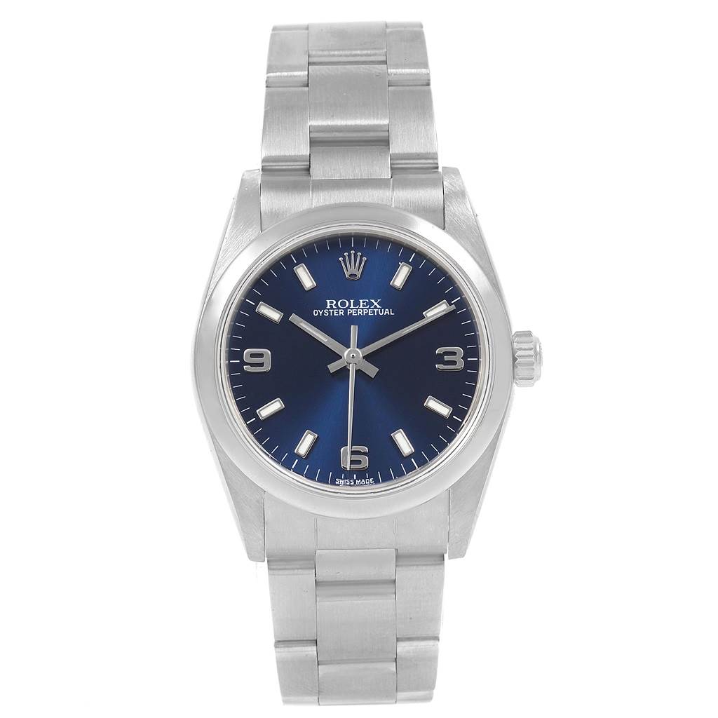 This is a front view of a Rolex Mid-Size 77080 Women's Stainless Steel Blue Dial 77080 Women's Stainless Steel Blue Dial Oyster Perpetual watch, showing the dial, bracelet, and crown.