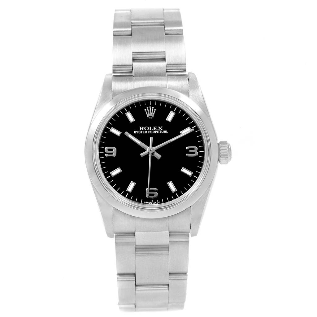 The image shows a front view of a Rolex Mid-Size 77080 Women's Stainless Steel Black Dial 77080 Women's Stainless Steel Black Dial Oyster Perpetual watch, displaying the dial, case, and bracelet.
