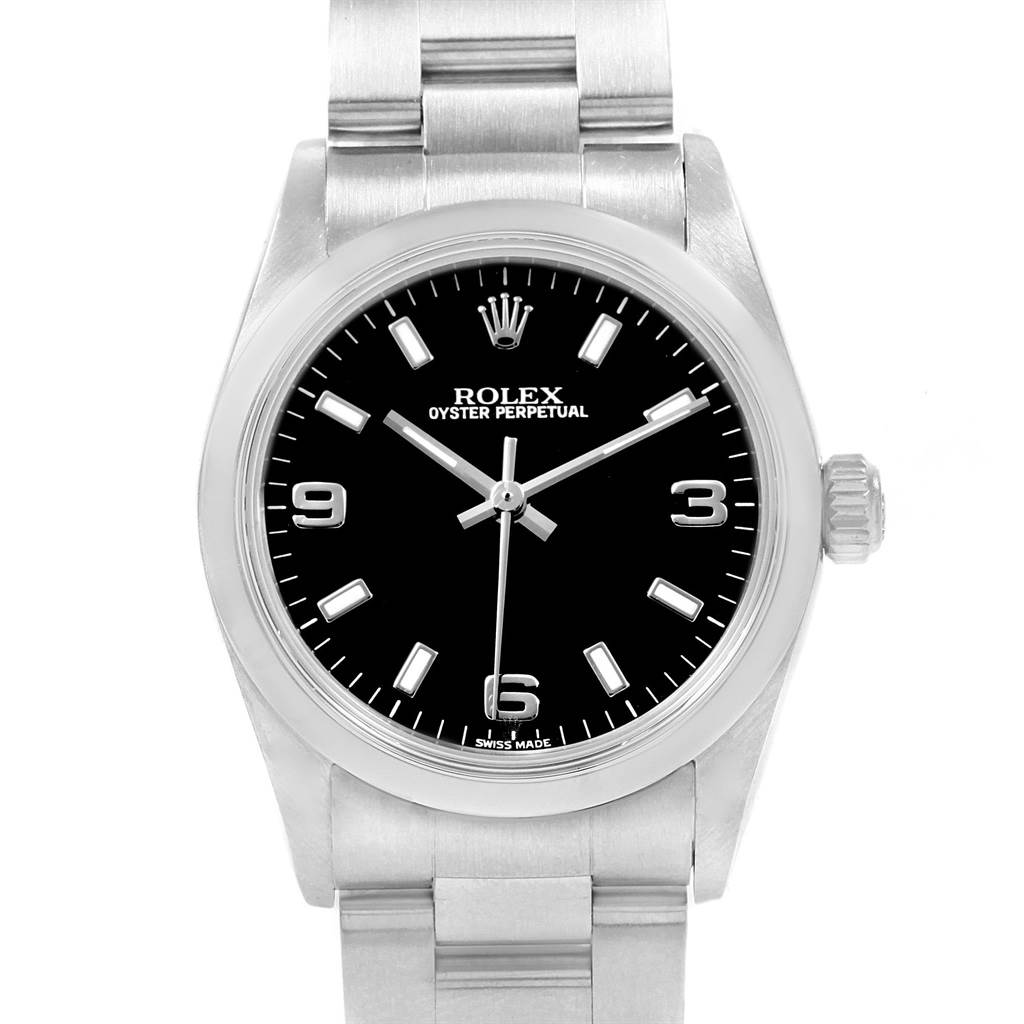 This image shows the front view of a Mid-Size Rolex Oyster Perpetual watch, featuring a black dial and metal bracelet.