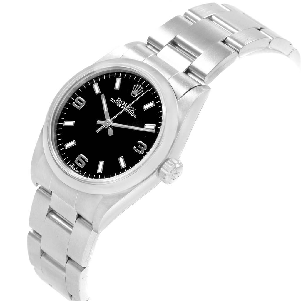 The Rolex Mid-Size 77080 Women's Stainless Steel Black Dial 77080 Women's Stainless Steel Black Dial watch is shown at an angled front view, displaying the face, bezel, crown, and bracelet.