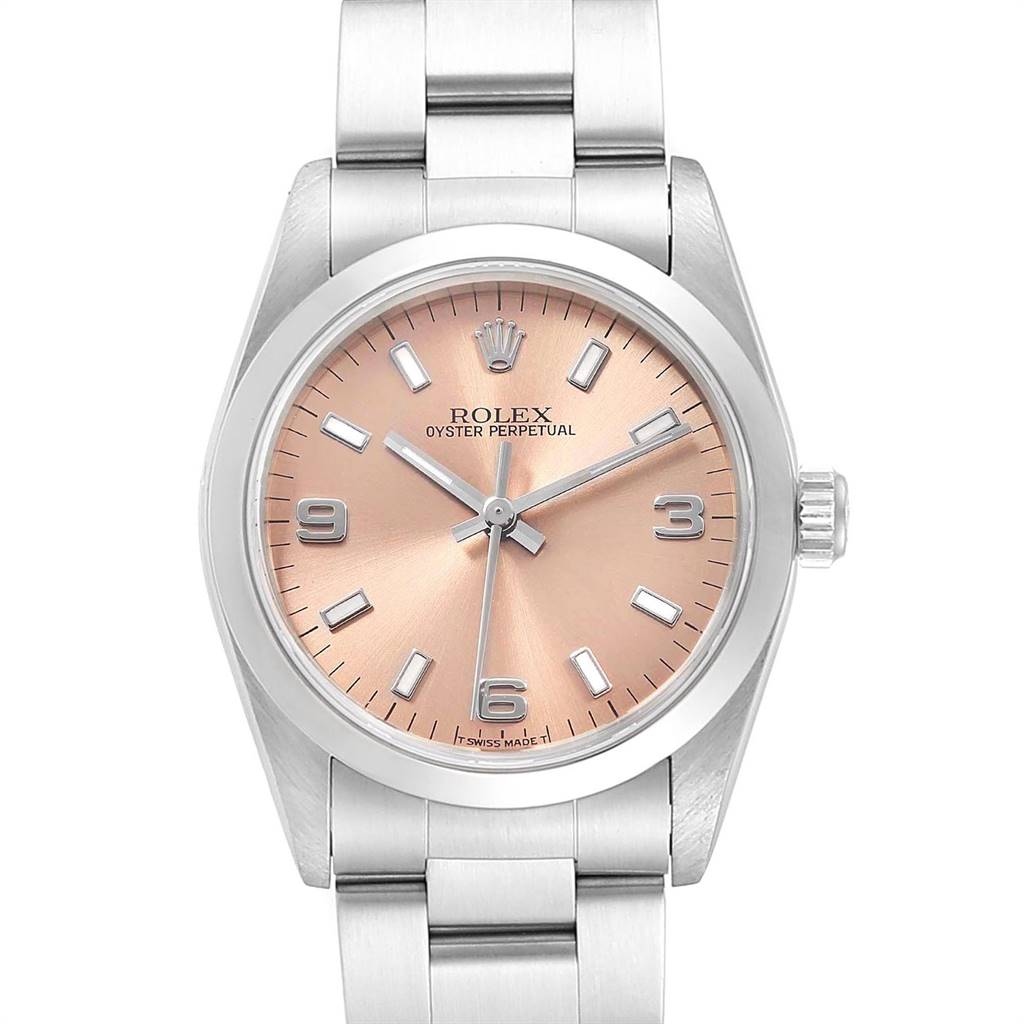 This image shows a front view of the Rolex Mid-Size 67480 Women's Stainless Steel Pink Dial 67480 Women's Stainless Steel Pink Dial Oyster Perpetual watch, highlighting the dial, hands, and bracelet.