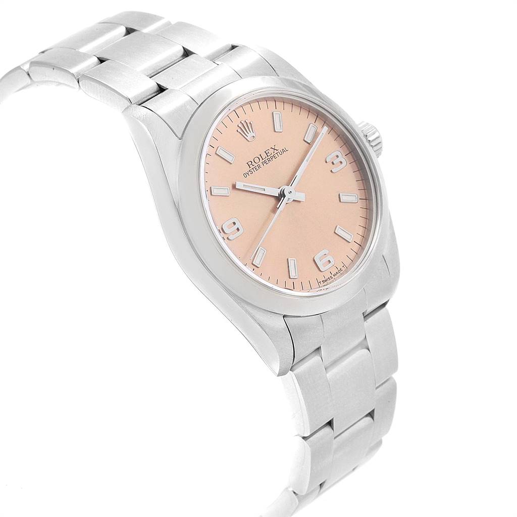 The Rolex Mid-Size 67480 Women's Stainless Steel Pink Dial 67480 Women's Stainless Steel Pink Dial watch is shown at a slight angle displaying the dial, bezel, and half of the bracelet.